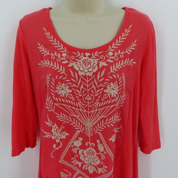 Johnny Was Womens Small Coral Pink Orange Embroidered Floral Tunic Shirt Top - Picture 2 of 11
